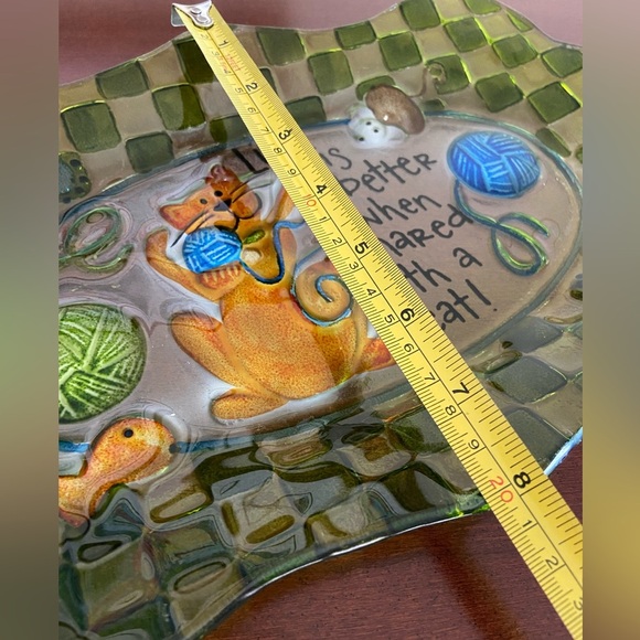 Cat Platter “Life is Better When Shared with a Cat!" Reverse Painted Green Glass - Picture 7 of 8